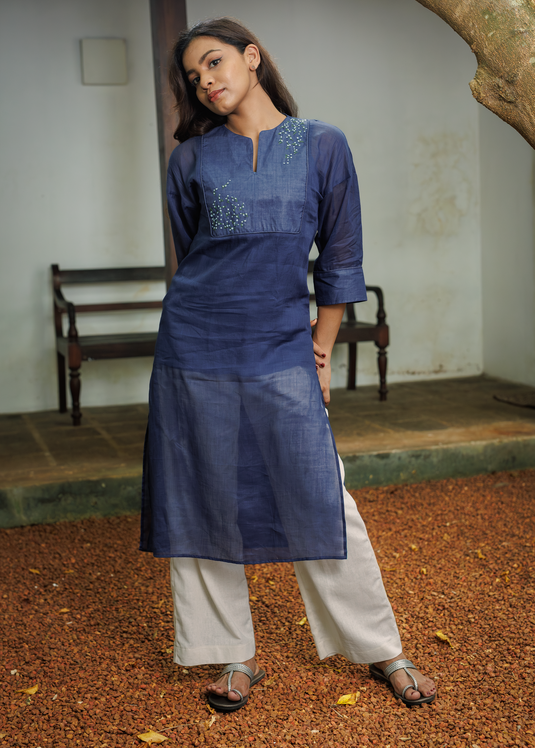 Long Ramie Kurtha With Hand Embroidery