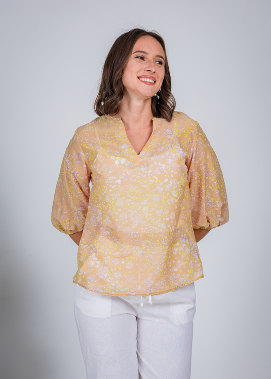 Balloon Sleeve V- Neck Top