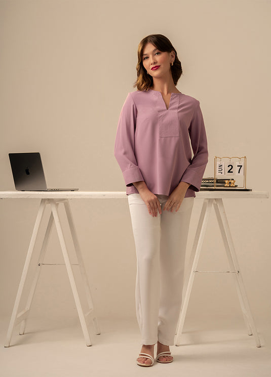 Top stitch detailed long sleeve blouse