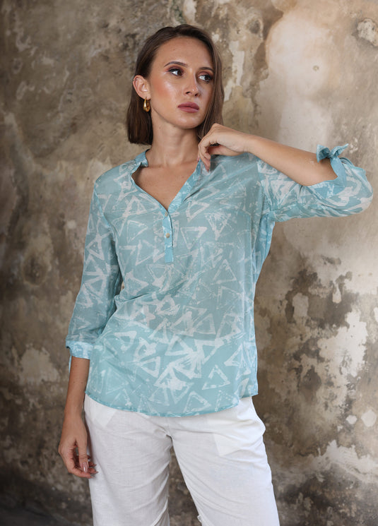 Batik top detailed with tie cuff sleeves