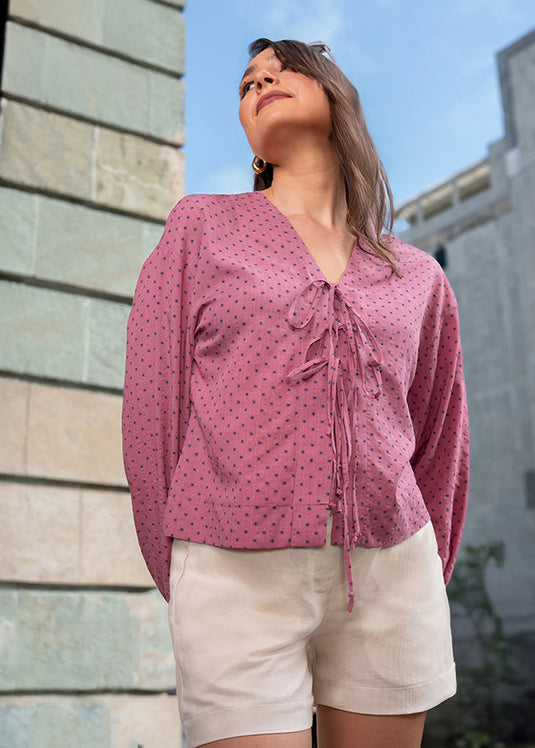 Long sleeve blouse with front tie-up