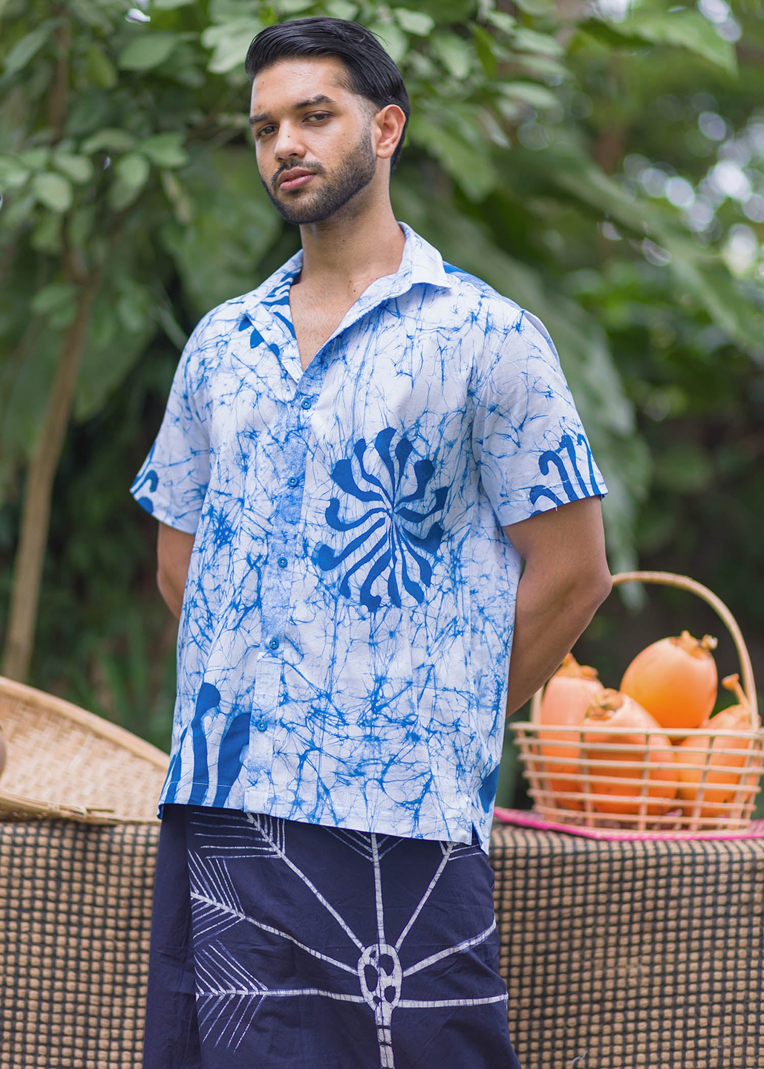 Batik floral cracked blue shirt