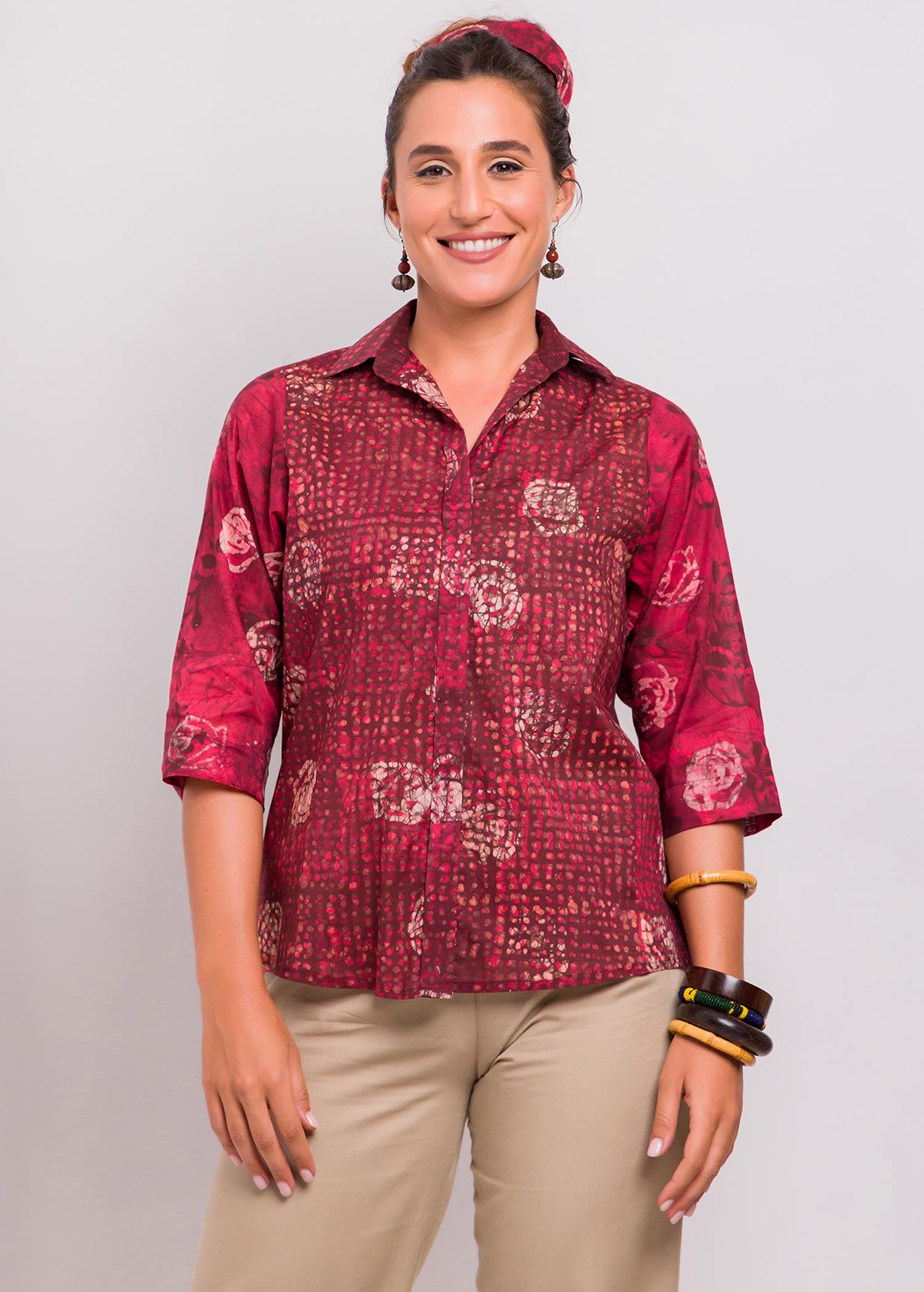 Roses And Potrait Detailed Batik Shirt