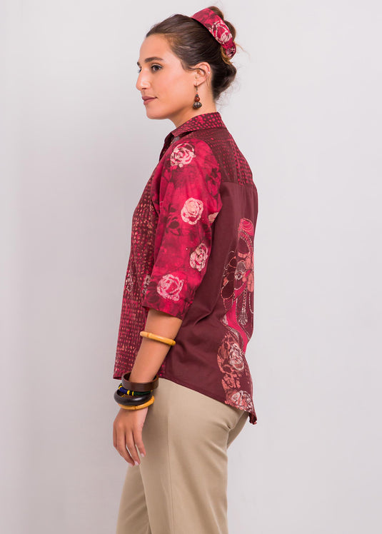 Roses And Potrait Detailed Batik Shirt
