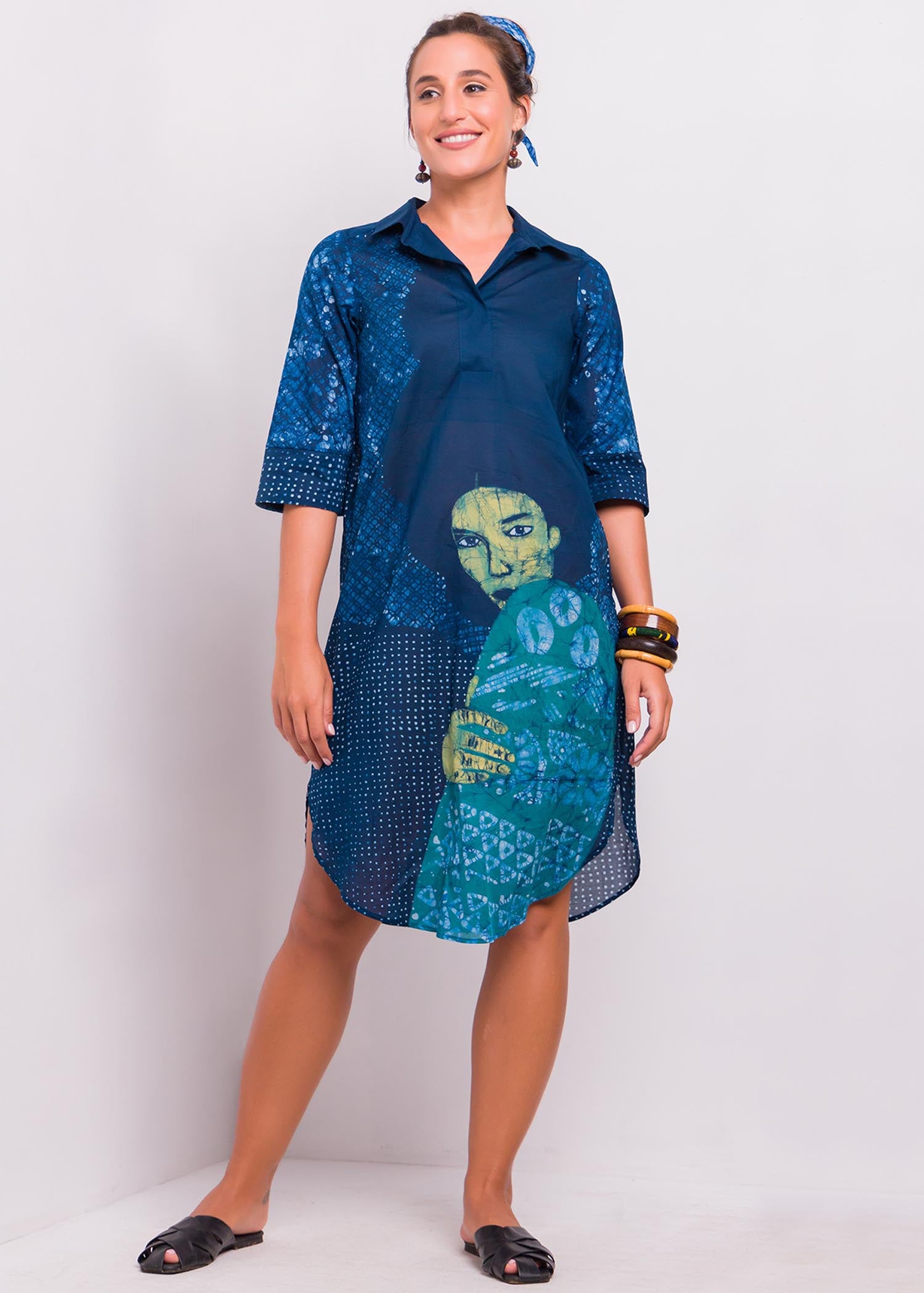 Portrait Detailed Batik Shirt Dress