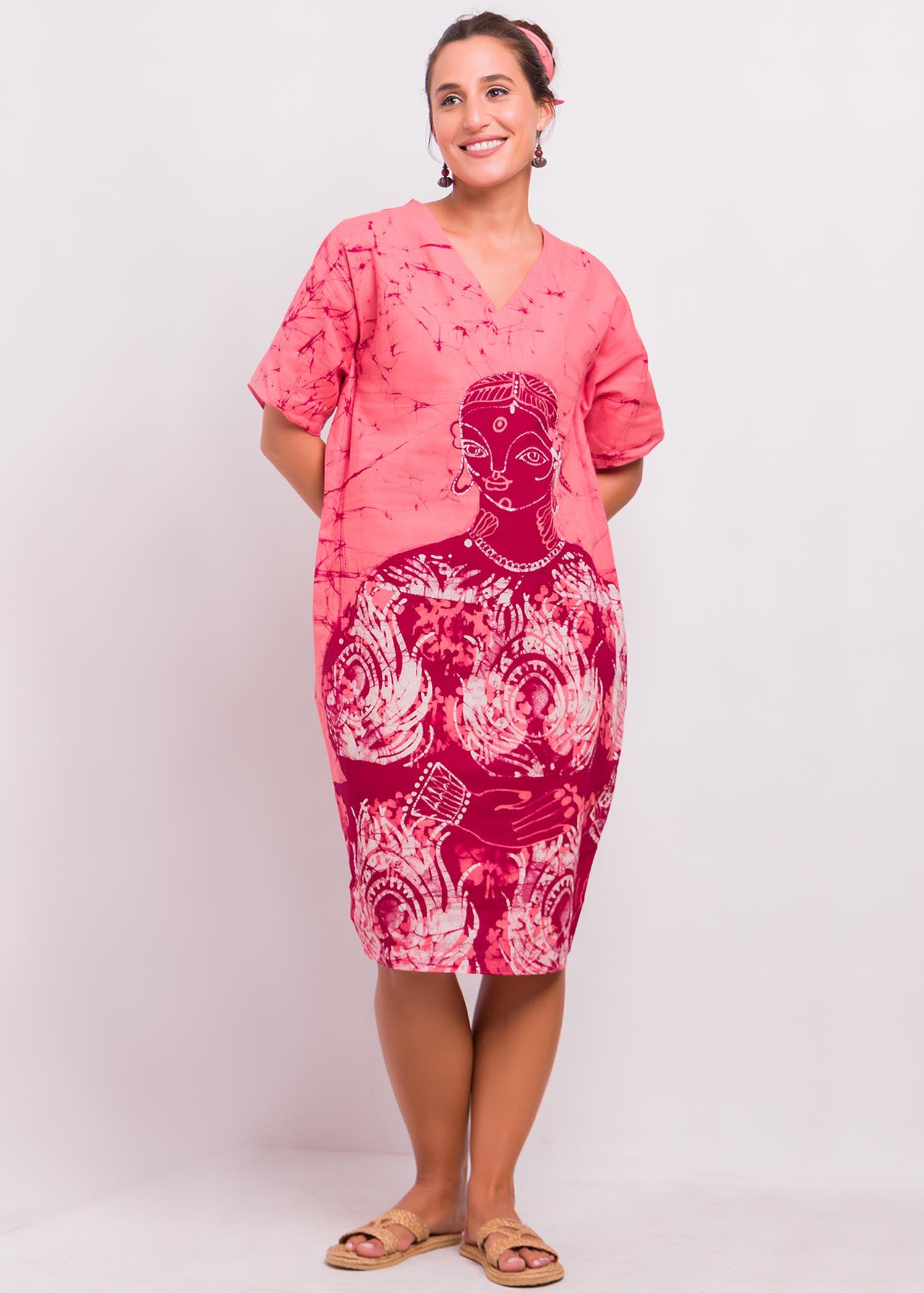 Batik V-Neck Dress Detailed With A Portrait