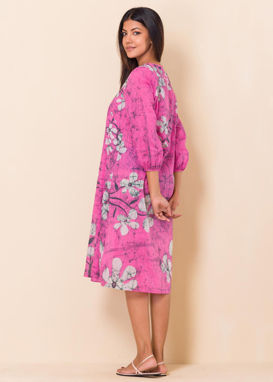 Long Sleeved Floral Pink Batik Dress