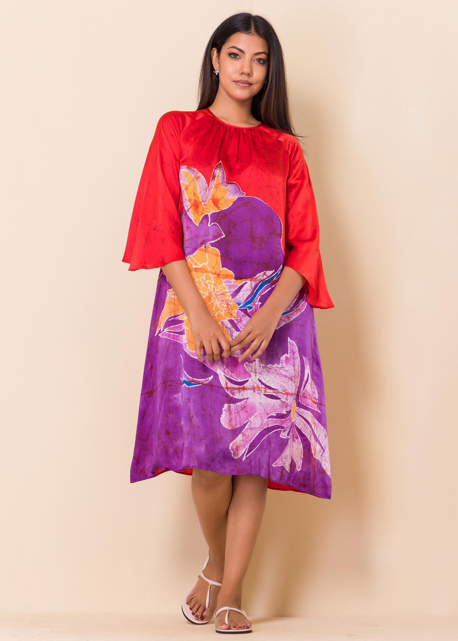 Batik Floral Detailed Red Raglan Sleeved Dress