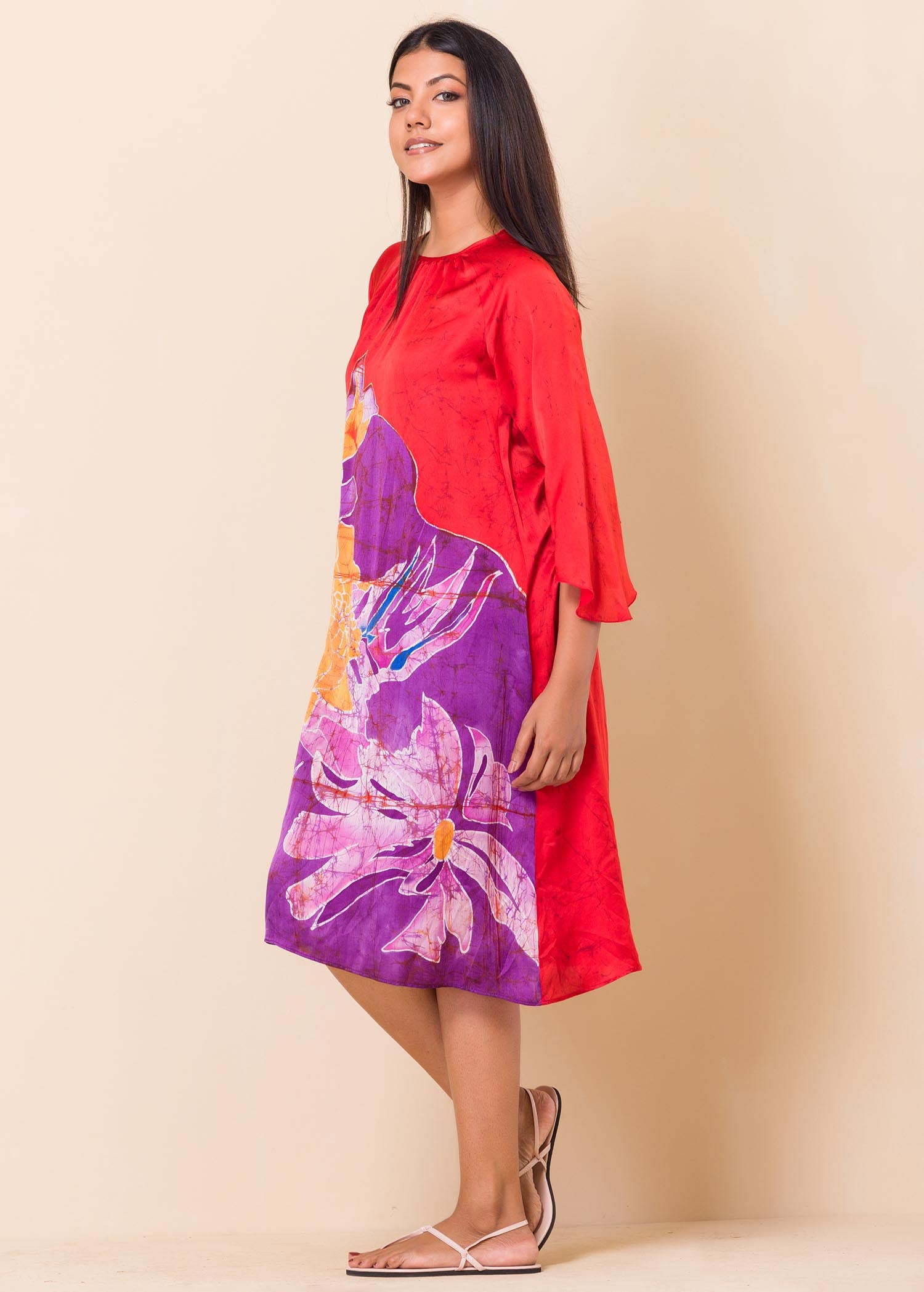 Batik Floral Detailed Red Raglan Sleeved Dress
