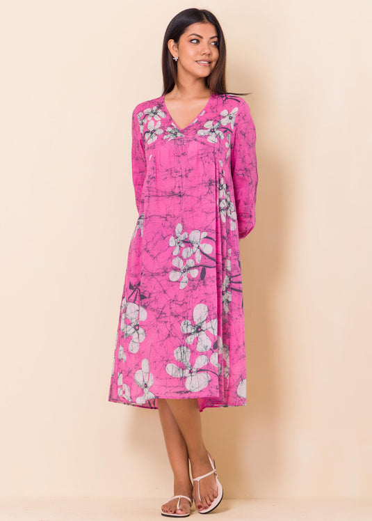 Long Sleeved Floral Pink Batik Dress