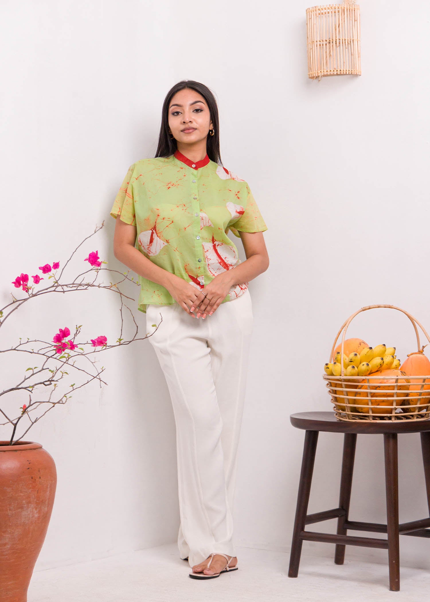 Anthurium Printed Batik Top with Chineese Collar