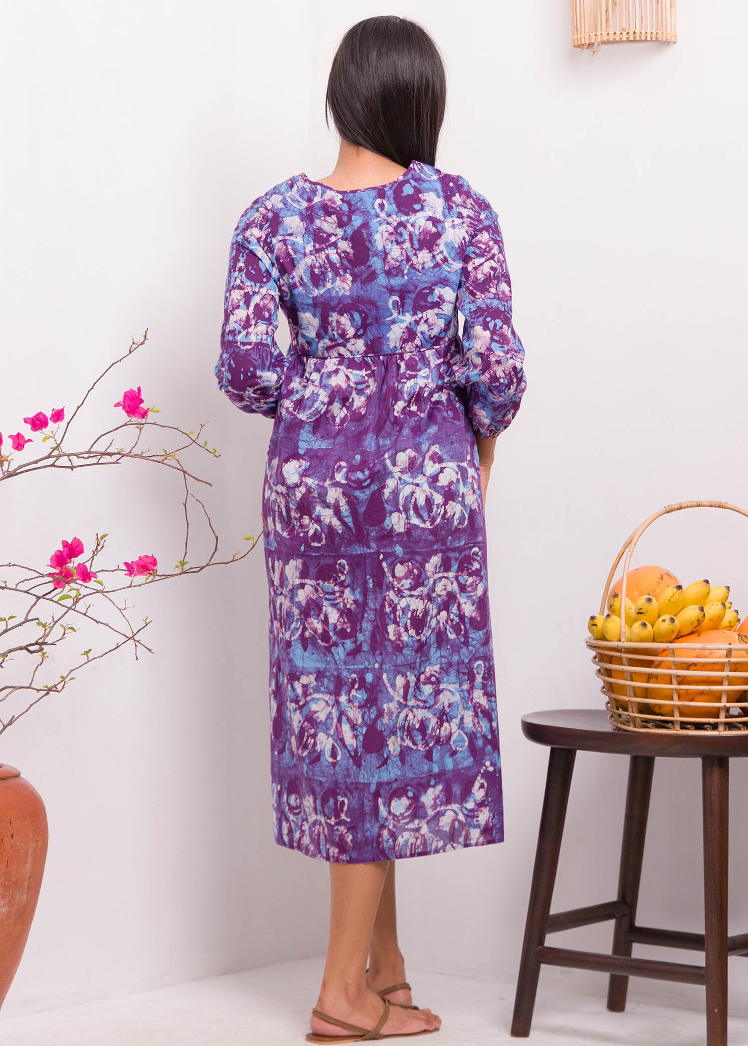 Long Sleeved Neck Tie Up Batik Maxi Dress