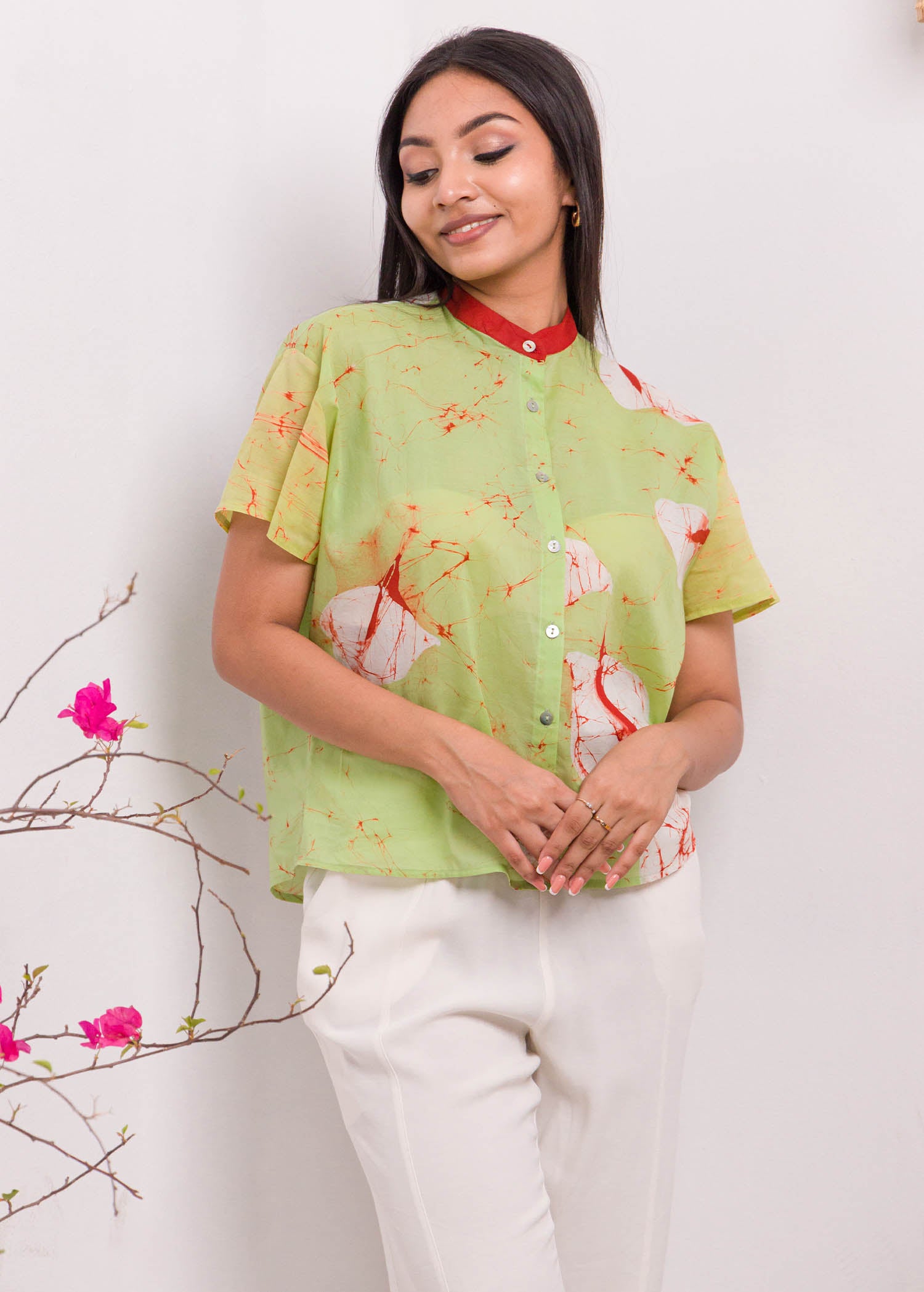 Anthurium Printed Batik Top with Chineese Collar