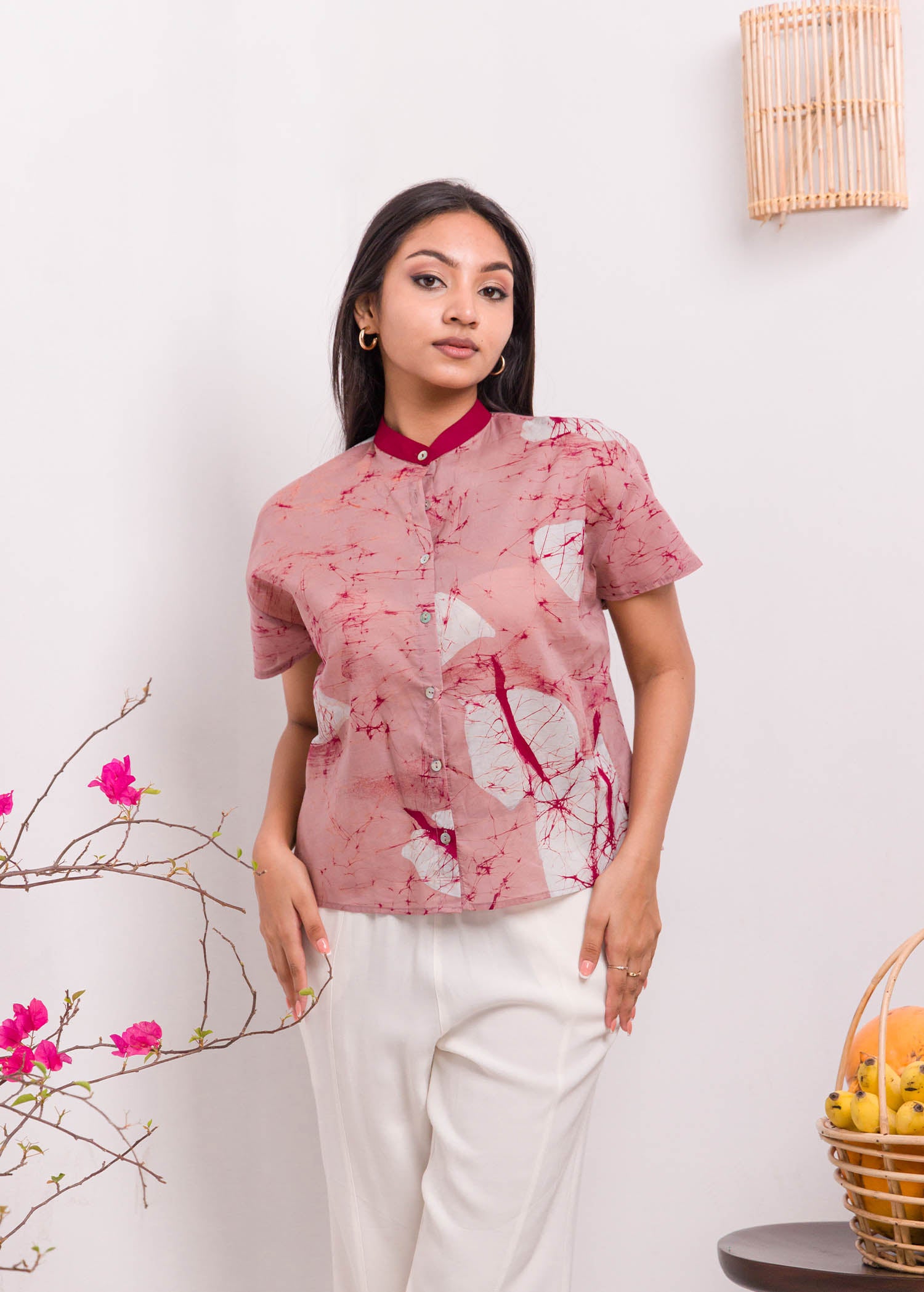 Anthurium Printed Batik Top with Chineese Collar