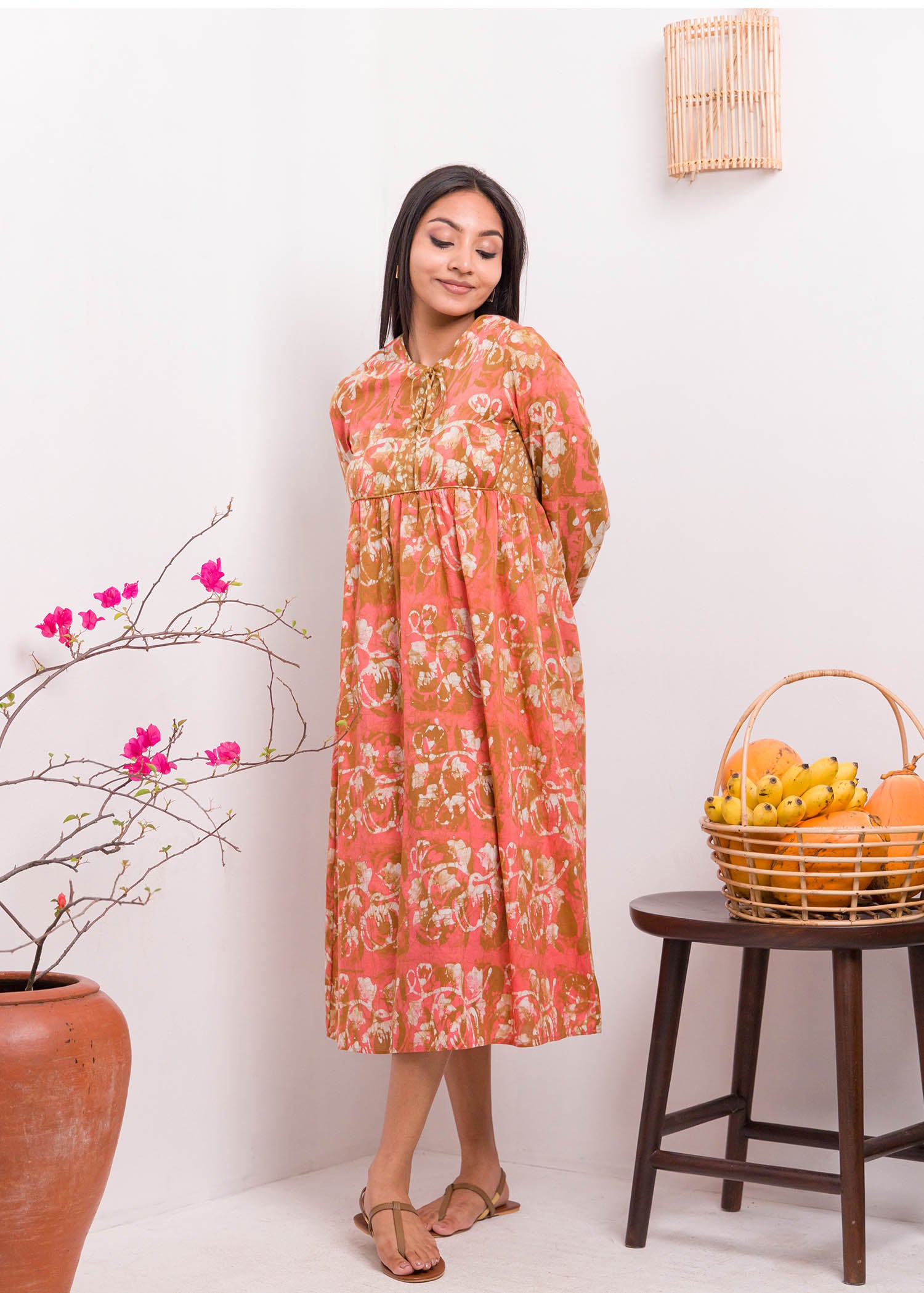 Long Sleeved Neck Tie Up Batik Maxi Dress