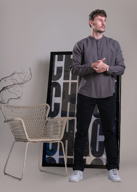 Mandarin Collar Half Placket Long Sleeve Shirt