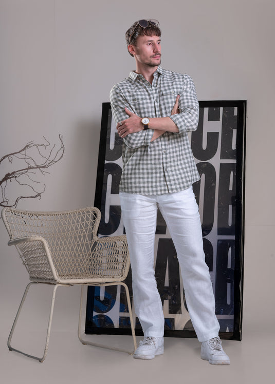 Casual Wear Linen Check Long Sleeve Shirt
