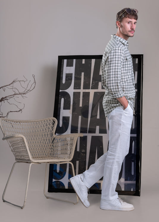 Casual Wear Linen Check Long Sleeve Shirt