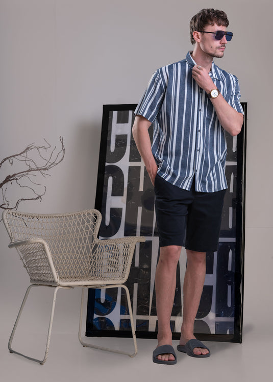 Stripe Camp Collar Short Sleeve Shirt