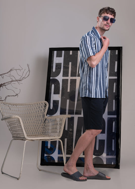 Stripe Camp Collar Short Sleeve Shirt