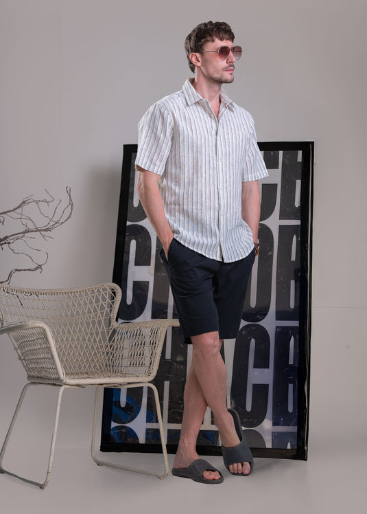 Stripe Camp Collar Short Sleeve Shirt