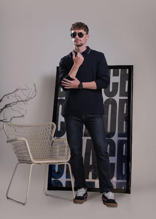 Zip Neck Polo Collar Long Sleeve Shirt