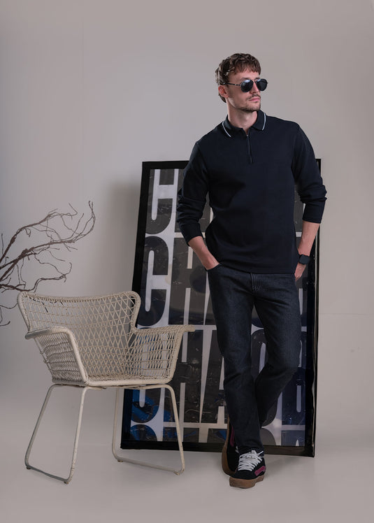 Zip Neck Polo Collar Long Sleeve Shirt