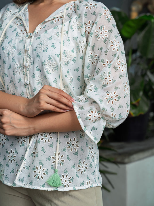 Long sleeve printed blouse with tassels