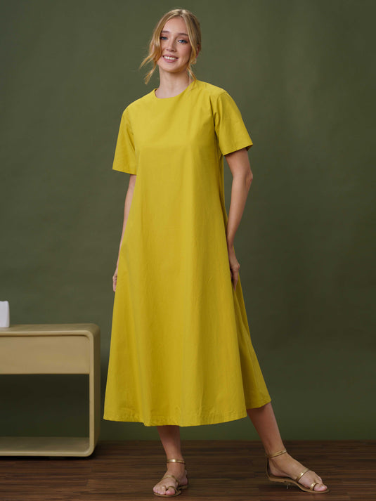Round neck trapeze midi dress