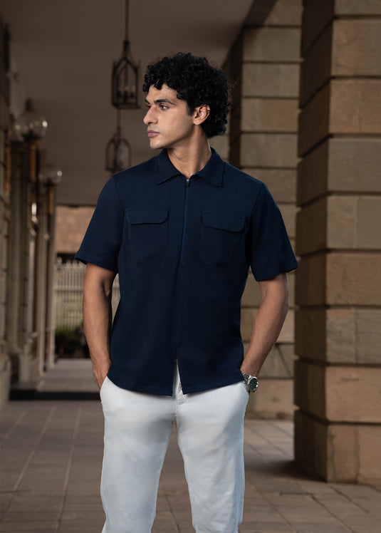 Mens Self Collar T-shirt with Zipper