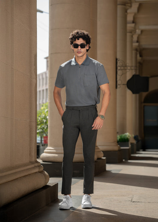 Mens Textured Zipper Polo T-Shirt