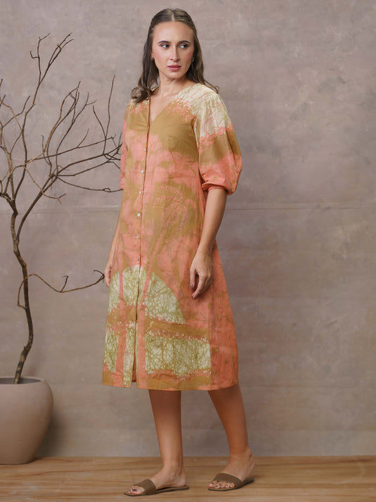 Coconut tree batik print A-line puff sleeve dress