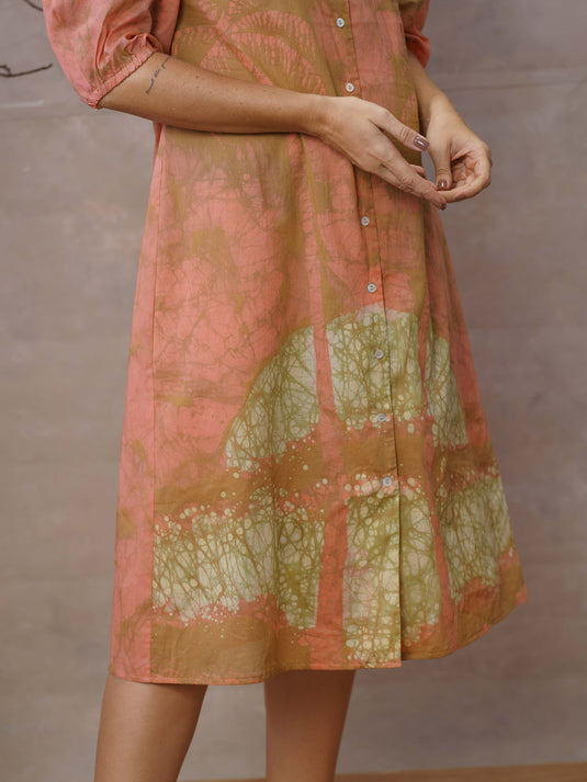 Coconut tree batik print A-line puff sleeve dress