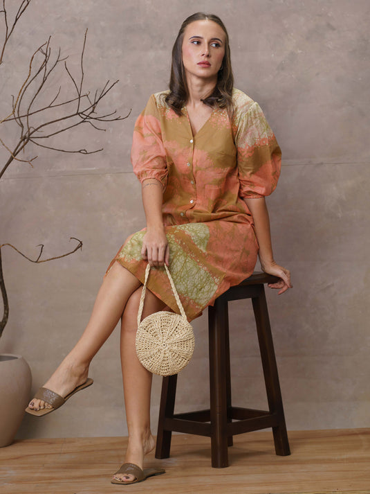 Coconut tree batik print A-line puff sleeve dress
