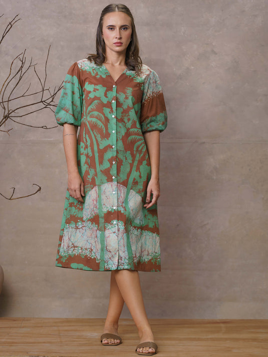 Coconut tree batik print A-line puff sleeve dress