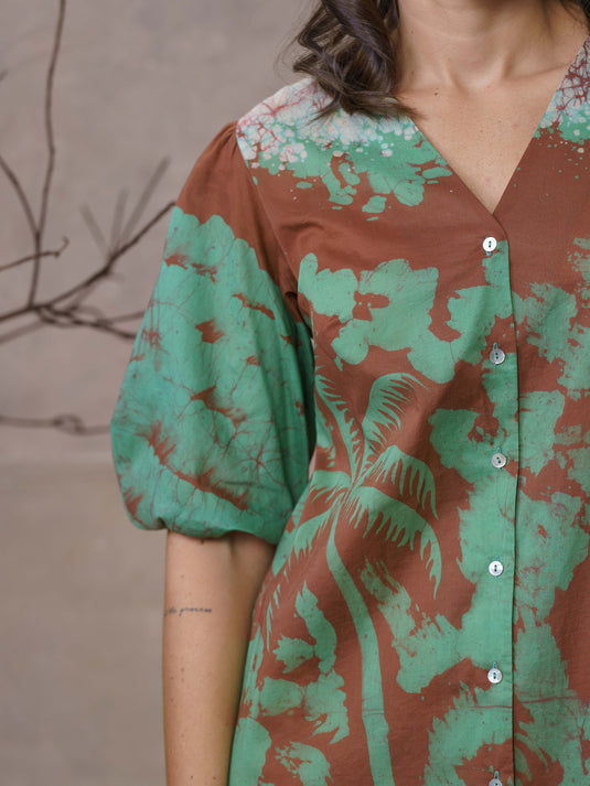 Coconut tree batik print A-line puff sleeve dress