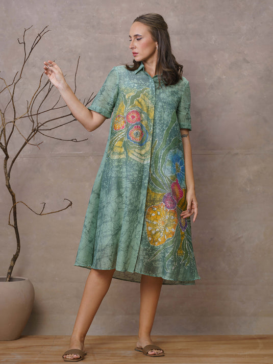 Sea bloom inspired A-line batik shirt dress
