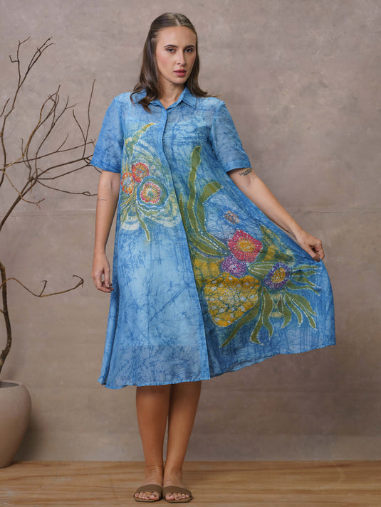 Sea bloom inspired A-line batik shirt dress
