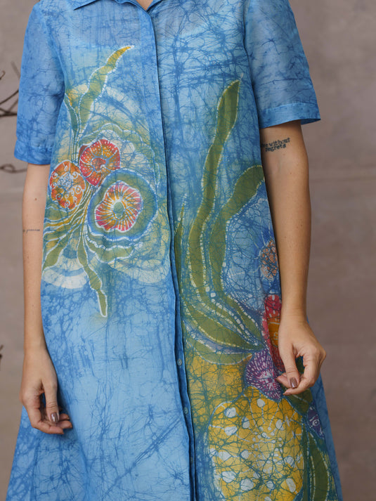 Sea bloom inspired A-line batik shirt dress