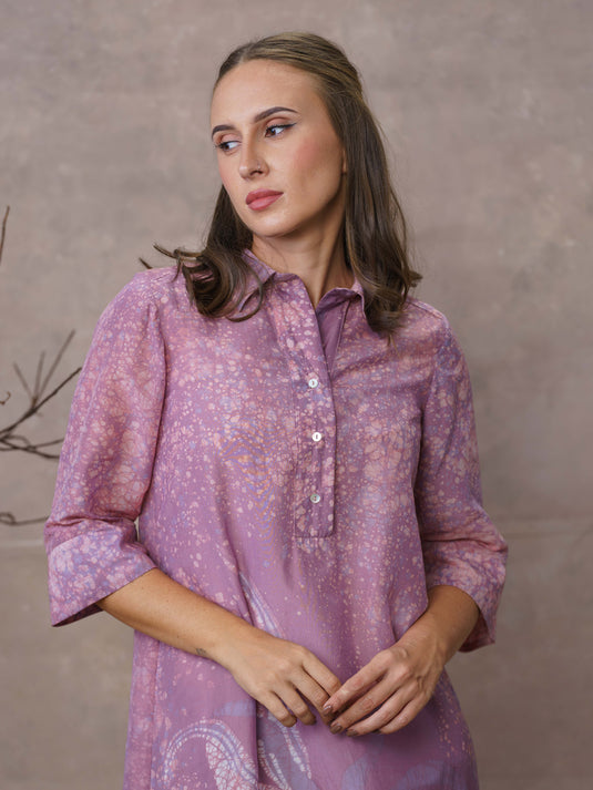 Coastal pandanus inspired batik shirt dress with double slit