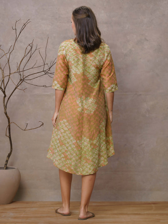 Waves and coral inspired batik A-line midi dress with v-Notch neckline