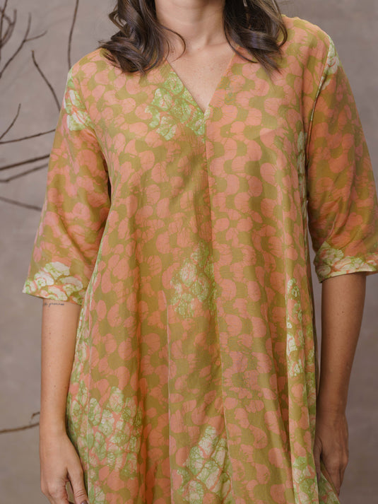 Waves and coral inspired batik A-line midi dress with v-Notch neckline