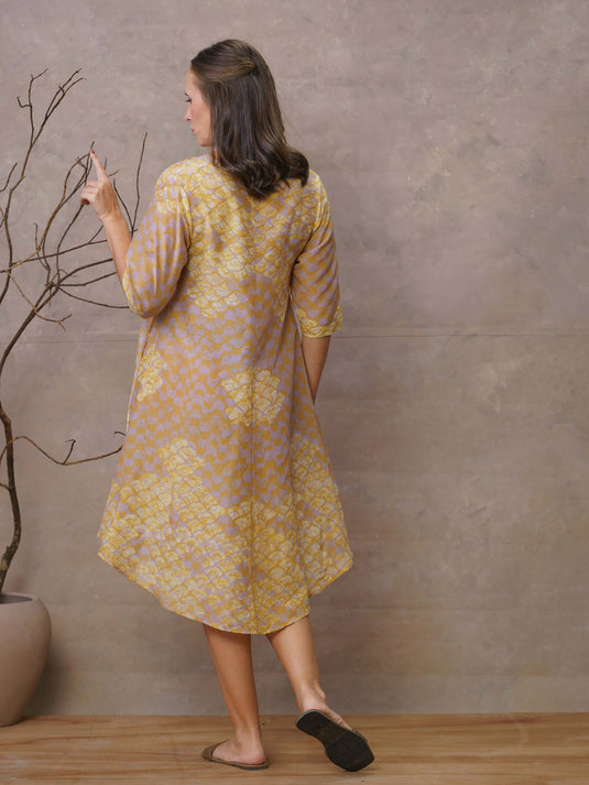 Waves and coral inspired batik A-line midi dress with v-Notch neckline