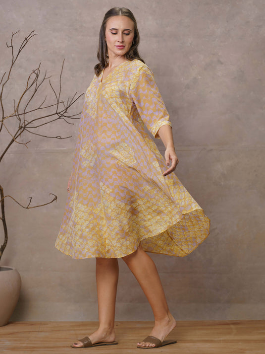 Waves and coral inspired batik A-line midi dress with v-Notch neckline