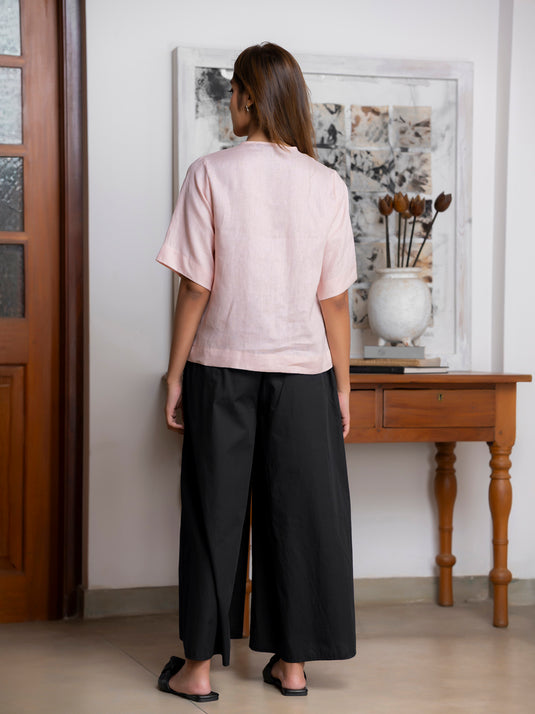 V neck linen blouse with front pleat