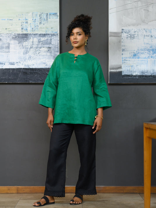 Long sleeve premium linen blouse with knot detail