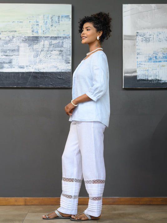 Round neck premium linen blouse with lace detail