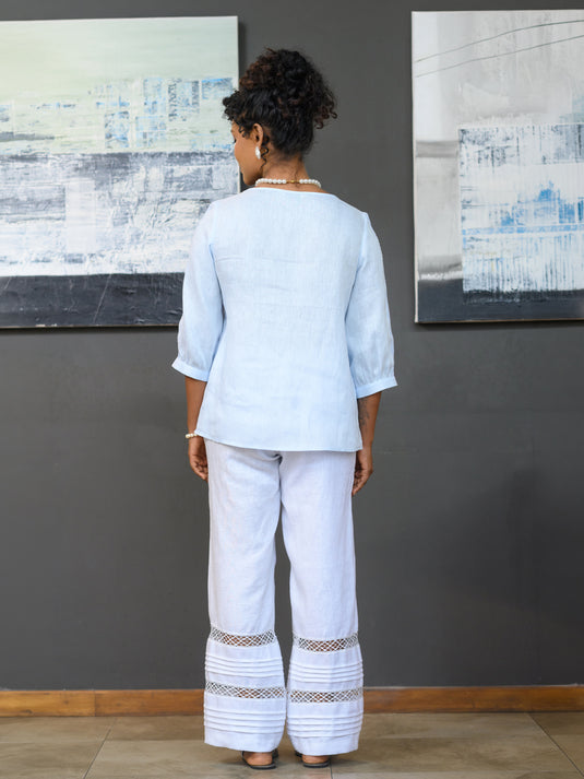 Round neck premium linen blouse with lace detail