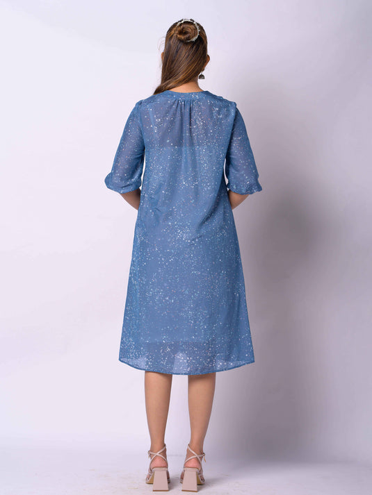 Floral Detailed Puff Sleeve A-Line Dress