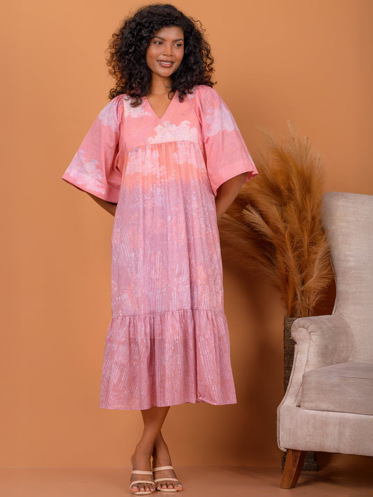 Batik midi dress detailed with bottom frill